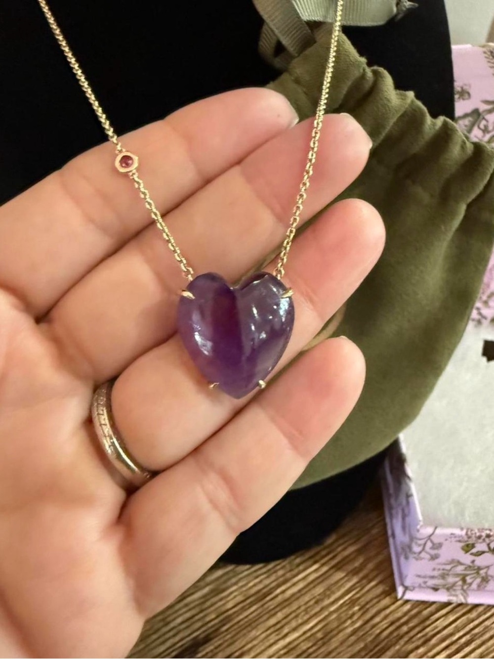 Jane Win Shell Carved Heart Necklace in 10k Solid Gold with Amethyst heart